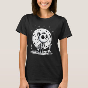 T-shirt Joyeux Chat d'Halloween Squelette Lune Mignon