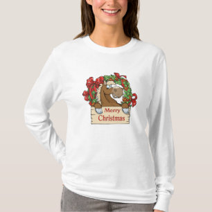 T-shirt Joyeux Cheval de Cartoon de Noël avec couronne