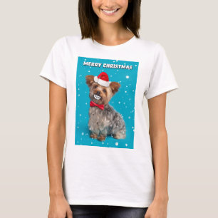 T-shirt Joyeux Chien Yorkie de Noël à Santa Hat Sourire