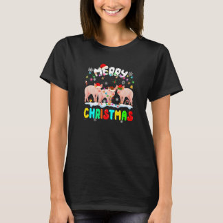 T-shirt Joyeux Cochon de Noël Santa Chapeau Lumières Jeu d