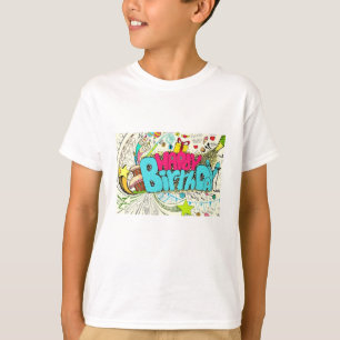 T-shirt Joyeux Doodle d'anniversaire coloré avec élément d