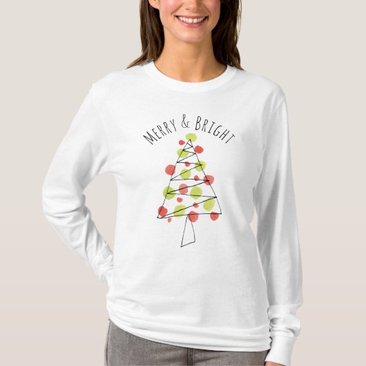 T-shirt Joyeux et lumineux arbre de Noël vert rouge (Devant)