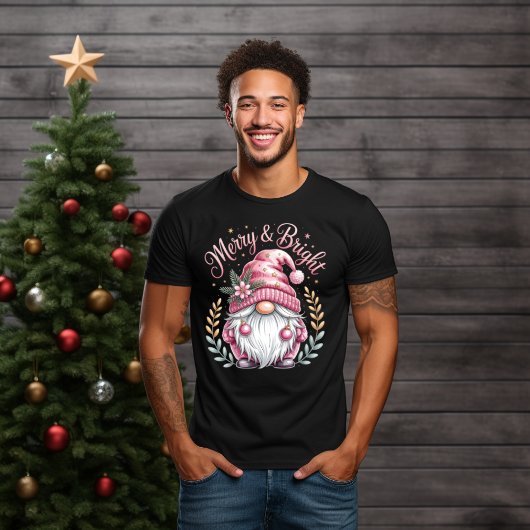 T-shirt Joyeux et lumineux Gnome de Noël rose