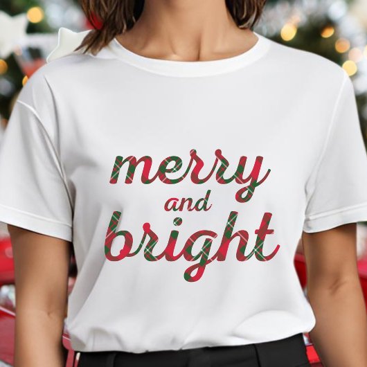 T-shirt Joyeux et lumineux - joli script rouge vert tartan