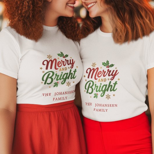 T-shirt Joyeux et lumineux Noël moderne rouge et vert