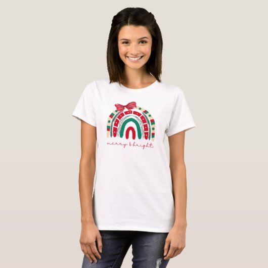 T-shirt Joyeux et rouge vif et vert Noël arc-en-ciel (Devant entier)