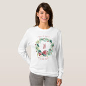 T-shirt Joyeux et verdure brillante Wreath Monogram Holida (Devant entier)