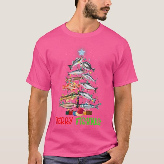 T-shirt Joyeux Fish Noël Drôle Lumières de Sapin de Noël P (Devant)