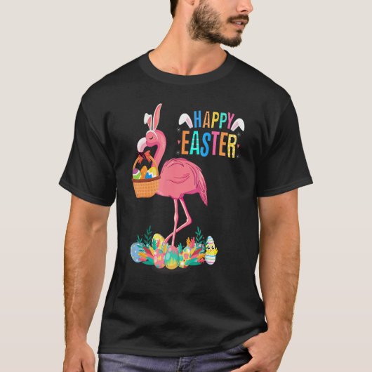 T-shirt Joyeux Flamant rose De Lapin De Pâques Avec Panier (Devant)
