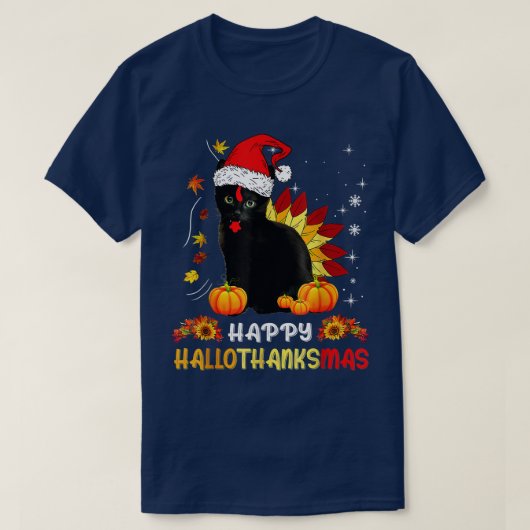 T-shirt Joyeux Hallothanksmas Chemise Chat Noir Halloween  (Design devant)