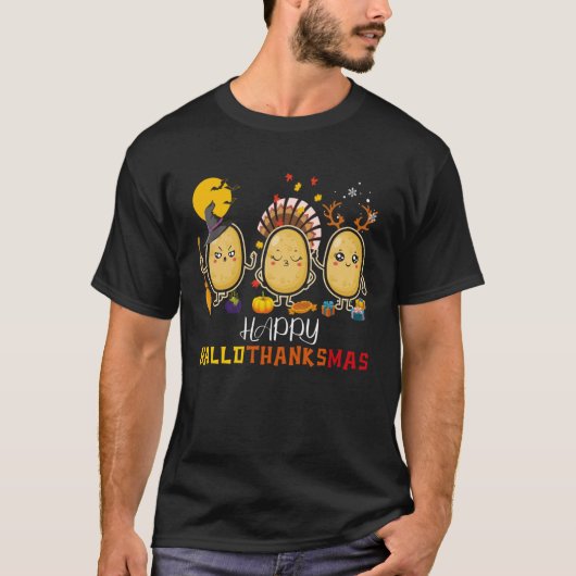 T-shirt Joyeux Hallothanksmas Cute Spud Potato Halloween x (Devant)