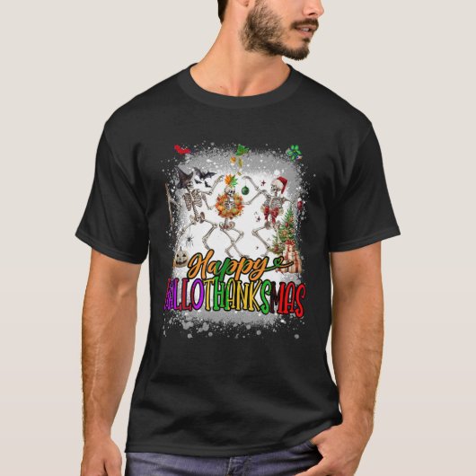 T-shirt Joyeux Hallothanksmas Skeleton Halloween Thanksgiv (Devant)