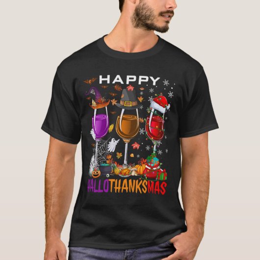T-shirt Joyeux Hallothanksmas Vin Halloween Thanksgiving C (Devant)
