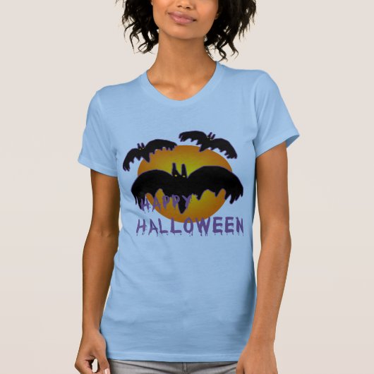 T-shirt Joyeux Halloween avec Lune et chauves-souris (Devant)