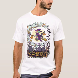 T-shirt Joyeux Halloween Balai de Sorcière Chat Noir Fantô