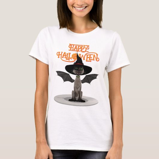 T-shirt Joyeux Halloween. Chat avec ailes et casquette de  (Devant)