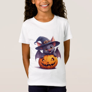 T-Shirt Joyeux Halloween Chauve-Souris Tenant une Citrouil