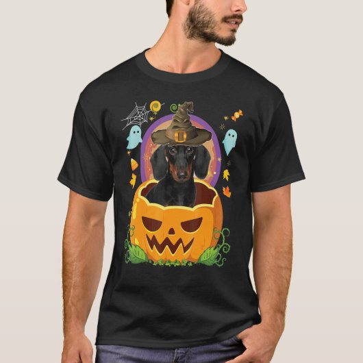 T-shirt Joyeux Halloween Citrouille Dachshund Chien Sorciè (Devant)