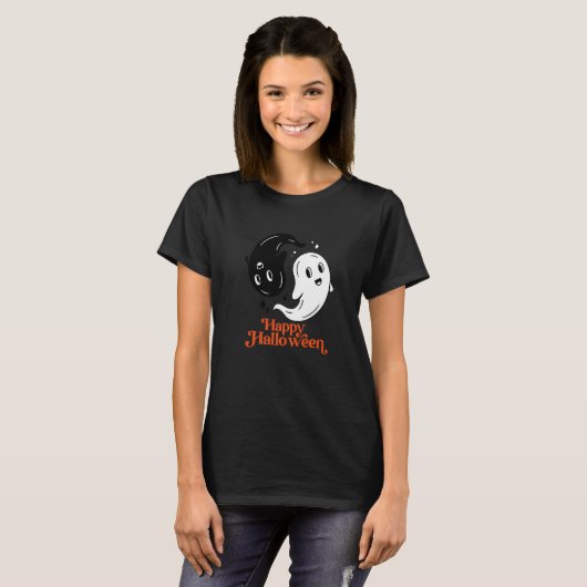 T-shirt Joyeux Halloween Yin et Yang Black and White Ghost (Devant entier)