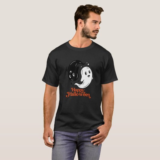T-shirt Joyeux Halloween Yin et Yang Black and White Ghost (Devant entier)