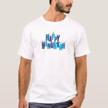 T-shirt Joyeux Hanoukka Candles Holiday<br><div class="desc">Rendre Chanukah spécial et transmettre l'esprit de la saison avec ce t-shirt décoratif. Le message de bienvenue "Happy Hanoukka" est épelé dans les tons bleus. Les lettres servent de menorah avec de petites flammes brûlant sur le dessus de neuf "lettres aux bougies". Disponible avec des produits correspondants.</div>