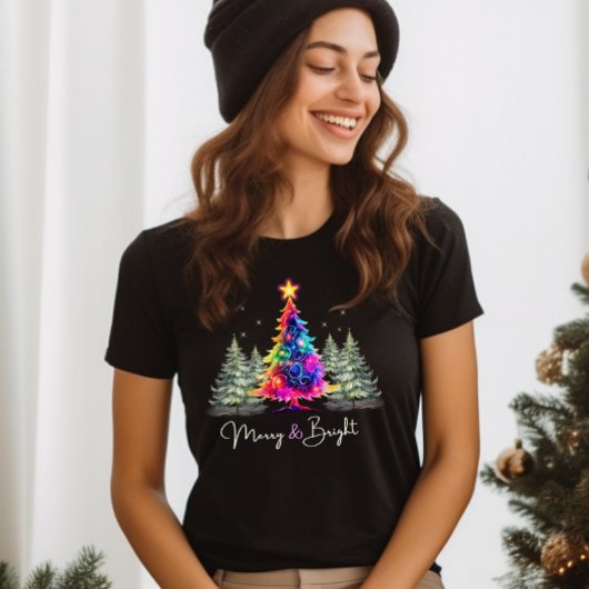 T-shirt Joyeux Neon brillant Arbre de Noël Noir