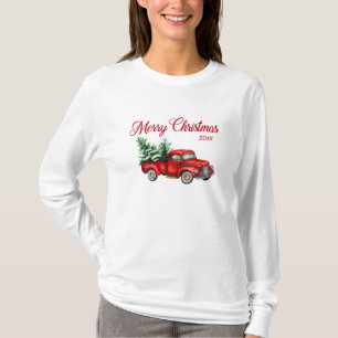 T-shirt Joyeux Noël Aquarelle Vintage Année Camion rouge