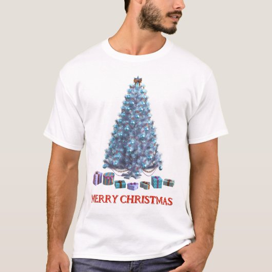 T-shirt Joyeux Noël. Arbre (conception 2) avec cadeaux (Devant)