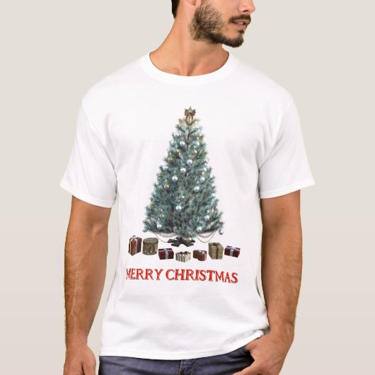 T-shirt Joyeux Noël. Arbre (conception 3) avec cadeaux (Devant)