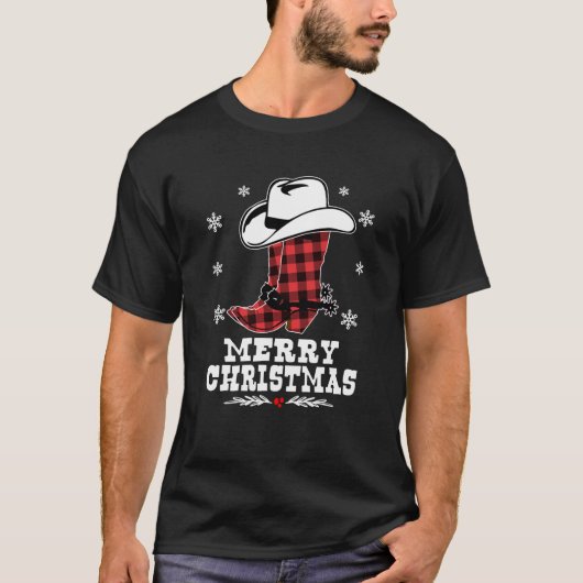 T-shirt Joyeux Noël Bottes de Cowboy Rouge Buffalo Plaid W (Devant)