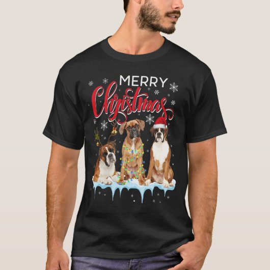 T-shirt Joyeux Noël Boxer Chien Père Noël Light Reindeer C (Devant)