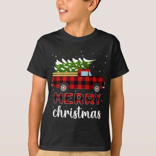 T-shirt Joyeux Noël Buffalo Camion Arbre Rouge Plaid (Devant)