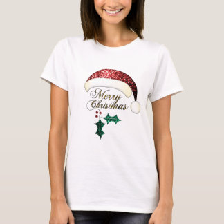 T-shirt Joyeux Noël chapeau de Noël Rouge or Vert Éclats