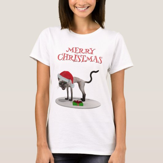 T-shirt Joyeux Noël. Chat avec chapeau de Père Noël (Devant)