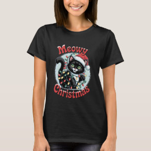 T-shirt Joyeux Noël Chat Noir Emmêlé dans les Lumières Drô