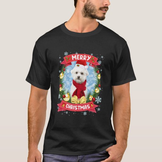 T-shirt Joyeux Noël Chien Maltais Papa Noël Drôle Ornement (Devant)