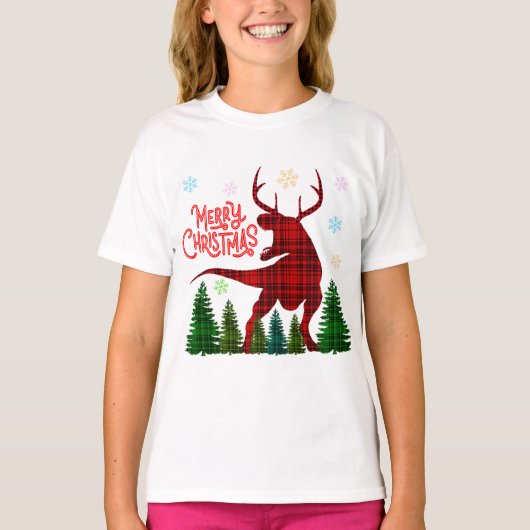 T-shirt joyeux Noël dinosaure daim check plaid (Devant)