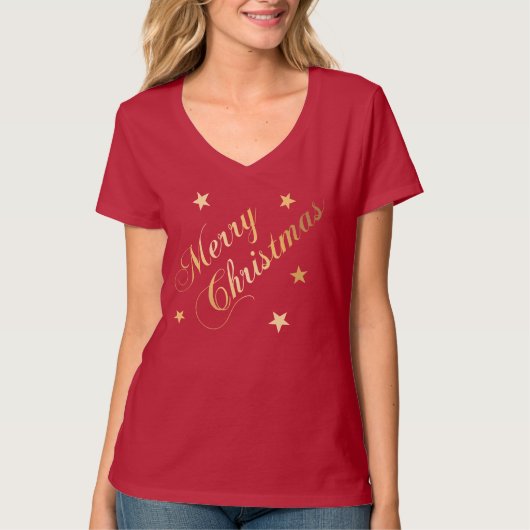 T-shirt Joyeux Noël Élégant Script Gold Stars (Devant)