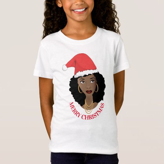 T-Shirt Joyeux Noël, Femme noire, Chapeau de Père Noël Rou (Devant)
