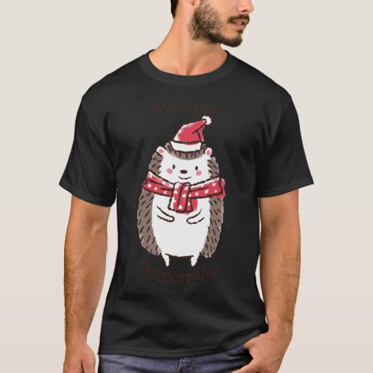 T-shirt Joyeux Noël Funny Mignonne Hérisson Santa Hat Star (Devant)