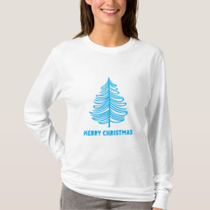 T-shirt Joyeux Noël Hiver Bleu Arbre à manches longues