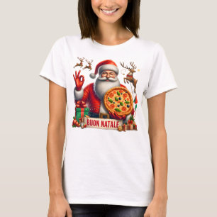 T-shirt Joyeux Noël Italien Père Noël avec Pizza & Renne