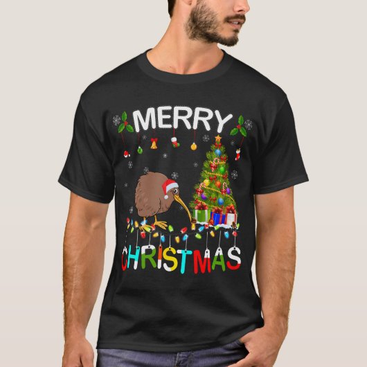 T-shirt Joyeux Noël Kiwi Santa Chapeau illuminations Noël (Devant)
