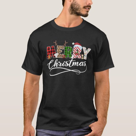 T-shirt Joyeux Noël Leopard Buffalo Red Plaid Père Noël Fa (Devant)