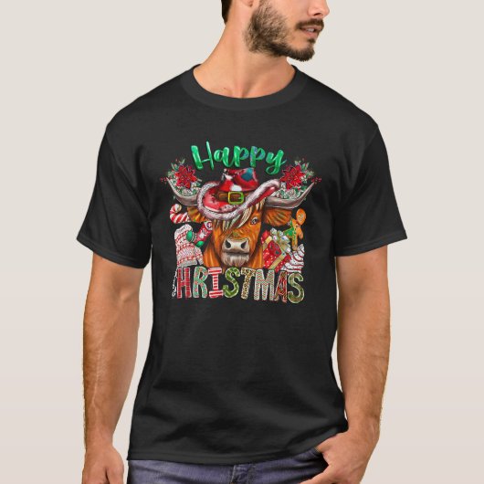 T-shirt Joyeux Noël mignon Highland Cow Noël Cowboy Casque (Devant)