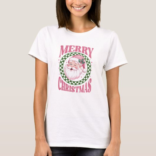 T-shirt Joyeux Noël mignon Père Noël rose parties scintill (Devant)