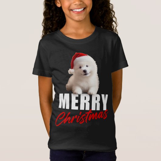T-Shirt Joyeux Noël mignonne Samoyé Chiot avec Santa Hat (Devant)