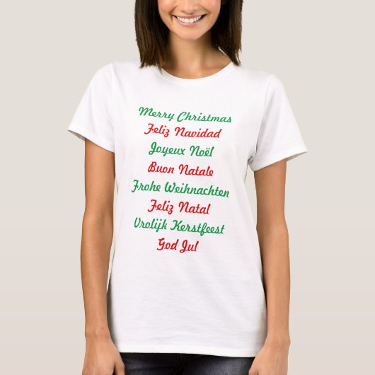 T-shirt Joyeux Noël multilingue rouge et vert (Devant)