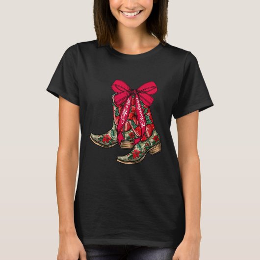 T-shirt Joyeux Noël Noël Noël Bottes Cowboy Coquette Bow P (Devant)
