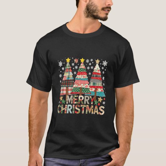 T-shirt Joyeux Noël Patchwork Arbre Art de Fêtes Rustique (Devant)